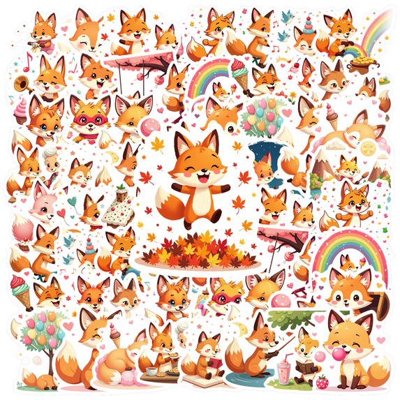 cartoon Fox Theme Stickers, Waterproof Fox Theme Sticker for Water Bottle Laptop Phone Cases Planner Skateboard Luggage Helmet Party Favor Decor, Ideal for Adults Teens Teacher Rewards