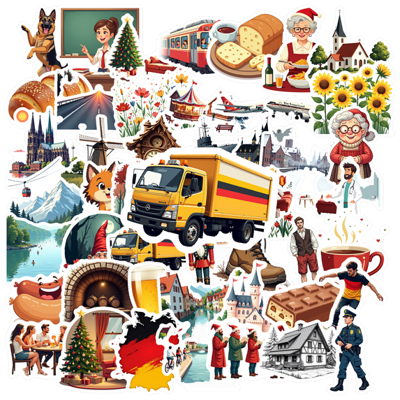 cartoon Germany - themed Stickers, Waterproof Christmas - themed Sticker for Water Bottle Laptop Phone Cases Planner Skateboard Luggage Helmet Party Favor Decor, Ideal for Adults Teens Teacher Rewards