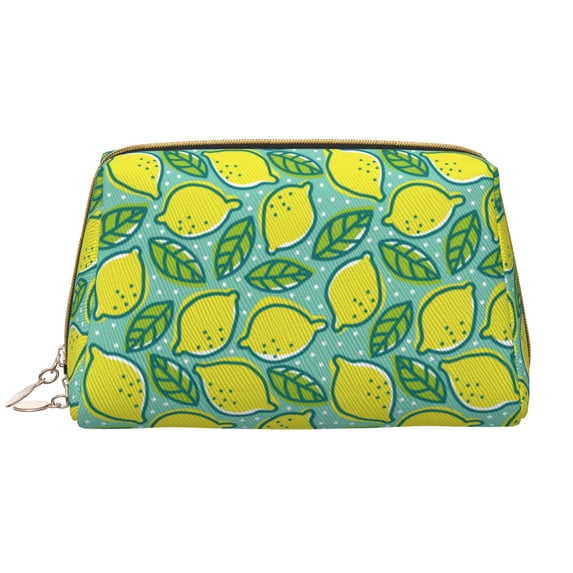 cartoon Lemon leaves Makeup Bag, Large Capacity Travel Cosmetic Bag for Women Girls- Travel Toiletry Bag Leather Portable Waterproof Makeup Case Organizer with Handle