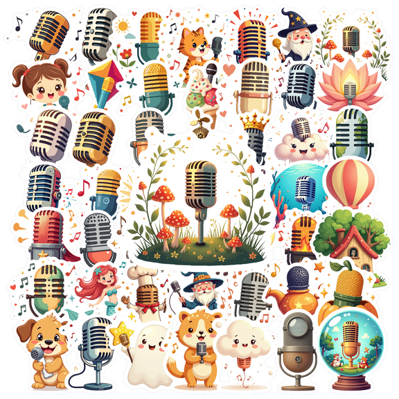 cartoon Microphone Theme Stickers, Waterproof Microphone Theme Sticker for Water Bottle Laptop Phone Cases Planner Skateboard Luggage Helmet Party Favor Decor, Ideal for Adults Teens Teacher Rewards