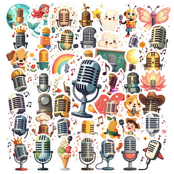 cartoon Microphone Theme Stickers, Waterproof Microphone Theme Sticker for Water Bottle Laptop Phone Cases Planner Skateboard Luggage Helmet Party Favor Decor, Ideal for Adults Teens Teacher Rewards