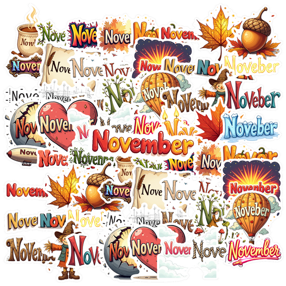 cartoon November Theme Stickers, Waterproof November Theme Sticker for Water Bottle Laptop Phone Cases Planner Skateboard Luggage Helmet Party Favor Decor, Ideal for Adults Teens Teacher Rewards