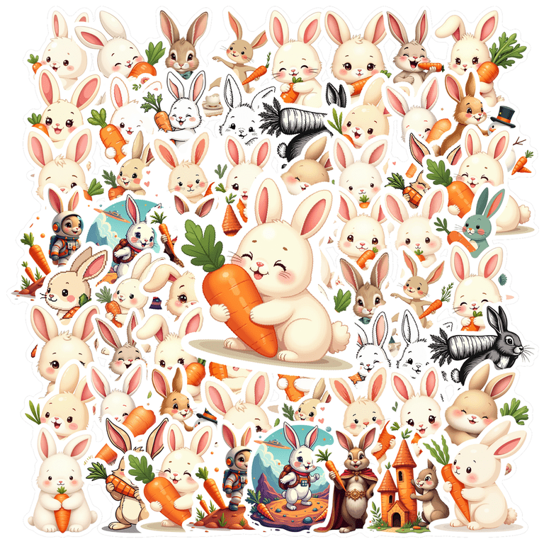Lot De 50 Autocollants Chubby Rabbit Vinyle Imperméables - Décoration DIY Ordinateur Portable Et Plus