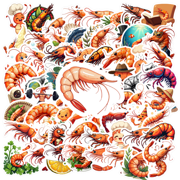 cartoon Shrimp Theme Stickers, Waterproof Shrimp Theme Sticker for Water Bottle Laptop Phone Cases Planner Skateboard Luggage Helmet Party Favor Decor, Ideal for Adults Teens Teacher Rewards