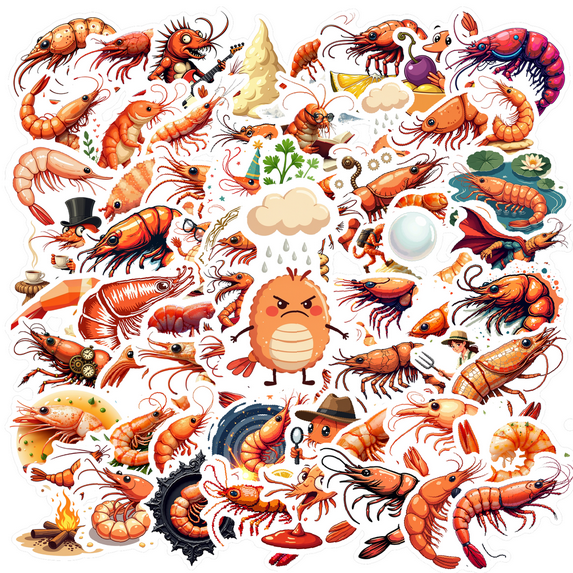 cartoon Shrimp Theme Stickers, Waterproof Shrimp Theme Sticker for Water Bottle Laptop Phone Cases Planner Skateboard Luggage Helmet Party Favor Decor, Ideal for Adults Teens Teacher Rewards