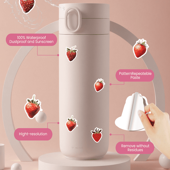 cartoon Strawberry Theme Stickers, Waterproof Strawberry Theme Sticker for Water Bottle Laptop Phone Cases Planner Skateboard Luggage Helmet Party Favor Decor, Ideal for Adults Teens Teacher Rewards