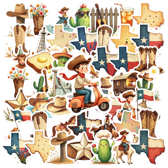 cartoon Texas Cowboy Stickers, Waterproof Texas Cowboy Sticker for Water Bottle Laptop Phone Cases Planner Skateboard Luggage Helmet Party Favor Decor, Ideal for Adults Teens Teacher Rewards