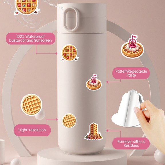 cartoon Waffle Theme Stickers, Waterproof Waffle Theme Sticker for Water Bottle Laptop Phone Cases Planner Skateboard Luggage Helmet Party Favor Decor, Ideal for Adults Teens Teacher Rewards