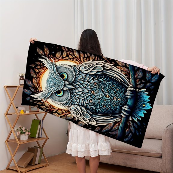 A cartoon owl print beach towel, vacation beach accessories, a great gift for family, friends, and lovers, perfect for outdoor travel, sports, swimming, camping, fitness, and yoga