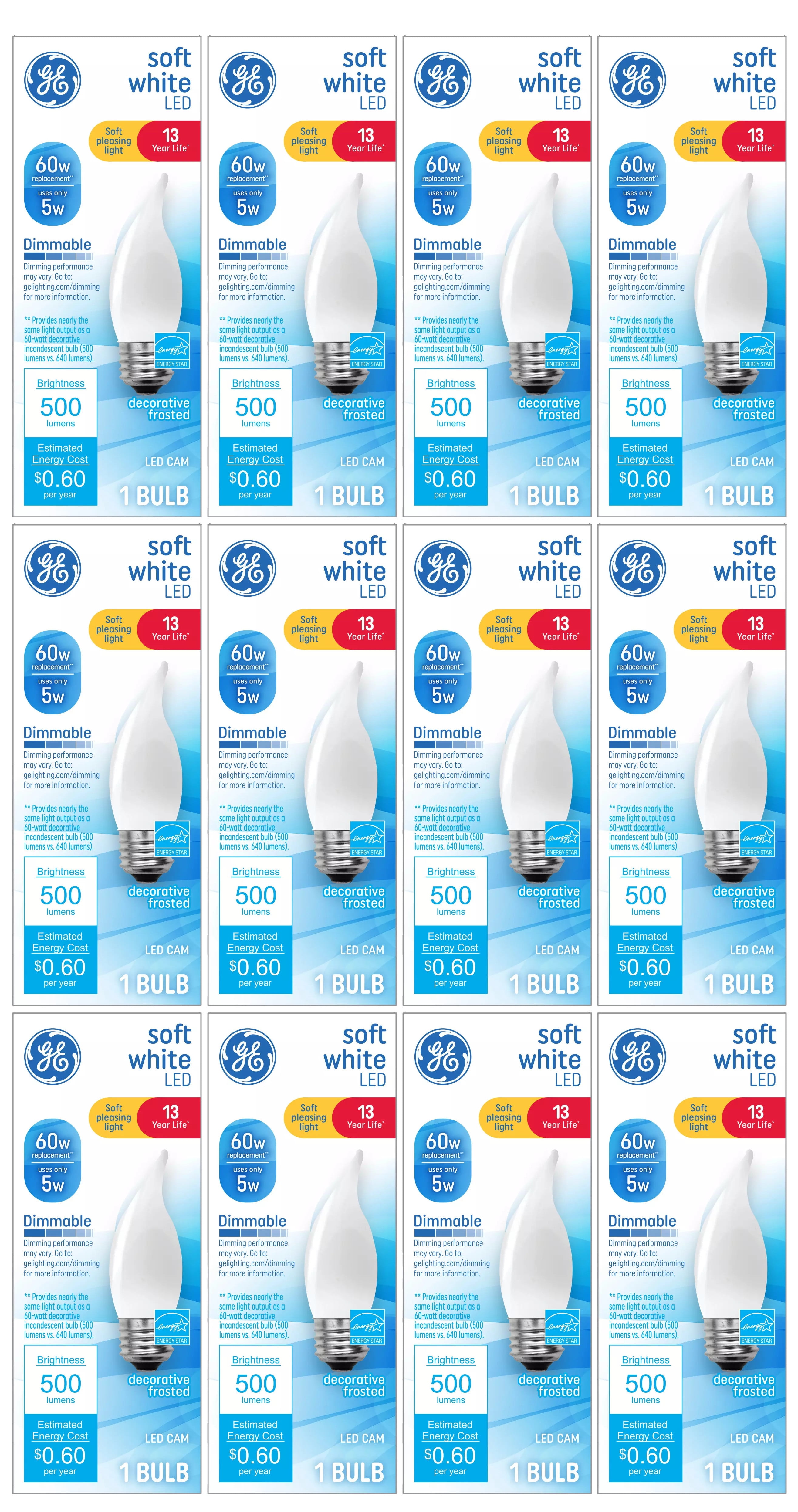 (case of 12) GE Soft White LED Chandelier Candle Bulb, 5 watt, 500 lumen, medium base, dimmable, frosted, bent tip, decorative LED CAM bulb, 60 watt equivalent