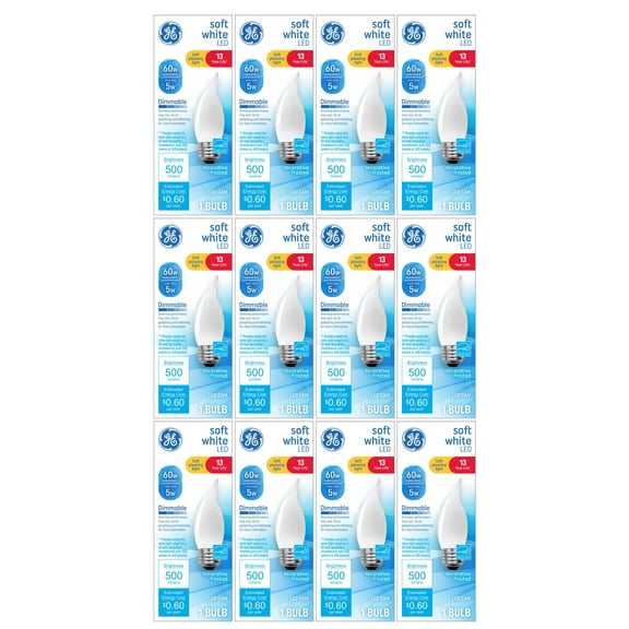 (case of 12) GE Soft White LED Chandelier Candle Bulb, 5 watt, 500 lumen, medium base, dimmable, frosted, bent tip, decorative LED CAM bulb, 60 watt equivalent