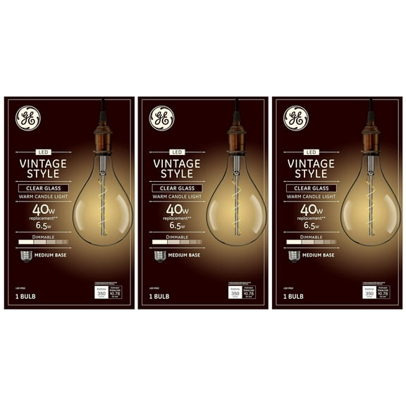 (case of 3) GE Large Vintage Warm Candle Light LED PS52, 6.5 watt, 350 lumen, Clear Glass, Dimmable, LED PS52 Light Bulb, Spiral filament, Medium Base, Beautiful Pendant, centerpiece light