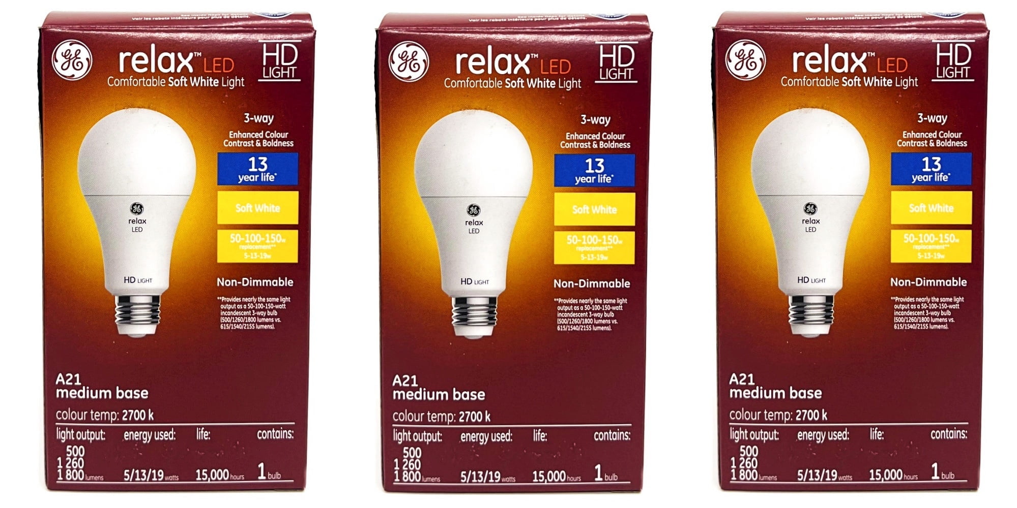 (case of 3) GE relax LED A21 3 way Light Bulb, 5, 13 or 19 watts, soft white HD Light, 500, 1260 and 1800 lumens, medium base, equivalent to 50-100-150w
