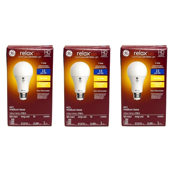 (case of 3) GE relax LED A21 3 way Light Bulb, 5, 13 or 19 watts, soft white HD Light, 500, 1260 and 1800 lumens, medium base, equivalent to 50-100-150w