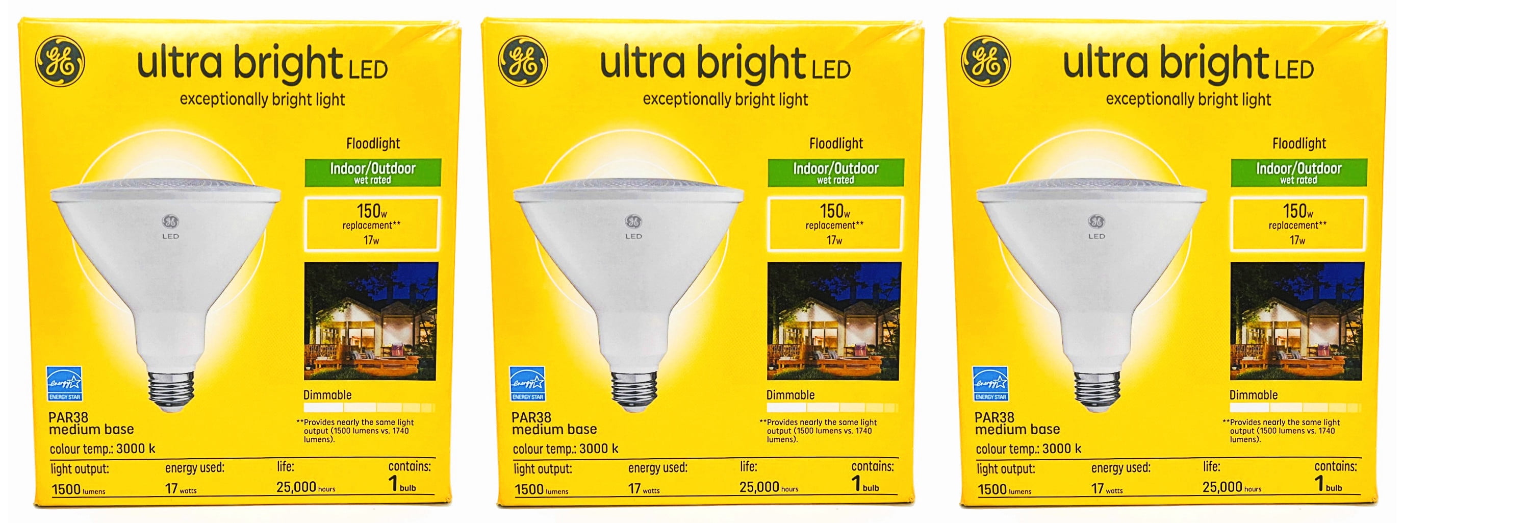 (case of 3) GE ultra bright LED PAR38 floodlight, warm white, 1500 lumens of brilliance, 17 watts, Indoor-Outdoor, wet rated, Dimmable, medium base LED flood lightб ultrabright LED