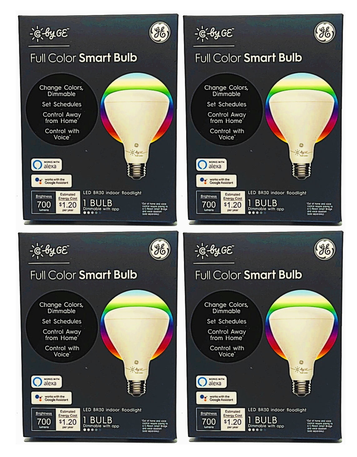 (case of 4) GE Lighting Full Color Smart Bulb, LED BR30, C by GE, Dimmable with app, Change Colors, Control with Voice, 10 watt, 700 lumen LED Floodlight