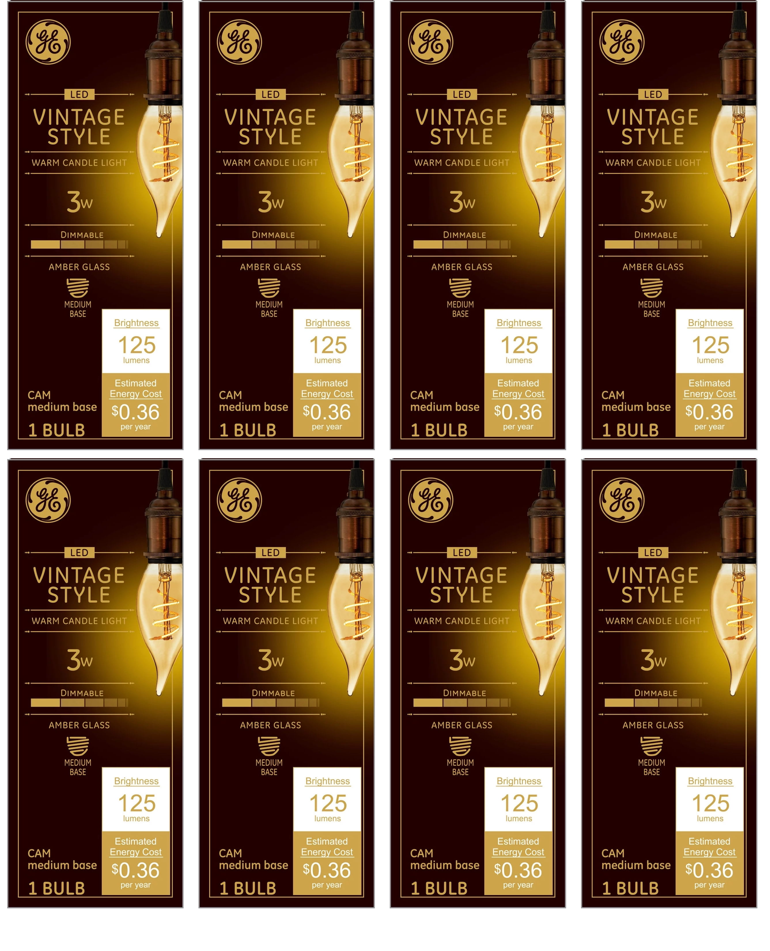 (case of 8) GE Vintage Decorative Bent Tip 3-Watt LED Light Bulb (25W Equivalent), Dimmable with Amber Finish and Spiral Filament, Medium Base, Single Bulb