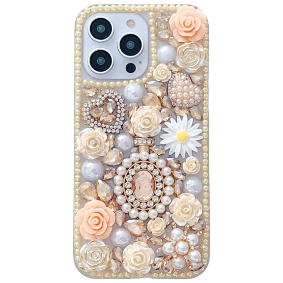 case For iPhone 12,3D Luxury Handmade Girls Phone Case Pearl Pendant Sparkle Shinning Flower Rhinestone Crystal Diamond Cover Case, gold