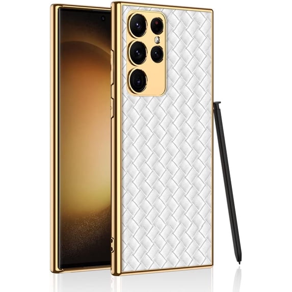 case for Galaxy S23 Ultra Case Protective Cover - Gold Plated Frame + Weaving Texture Leather Soft Shell - Slim & Thin Phone Case for Samsung Galaxy S23 Ultra, Silver White