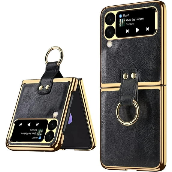 case for Galaxy Z Flip 3 Case with Ring Electroplated PU Leather Cover, Business Style Galaxy Flip 3 Phone Case Compatible with Galaxy Z Flip 3 5G, Black