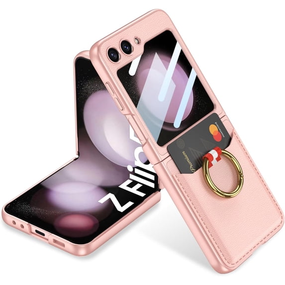 case for Galaxy Z Flip 5 Case with Ring & Card Holder, Pocket Storage, Slim Leather Case, Key Ring Wallet Cover Built-in Screen Protector for Galaxy Z Flip 5 Case, Pink