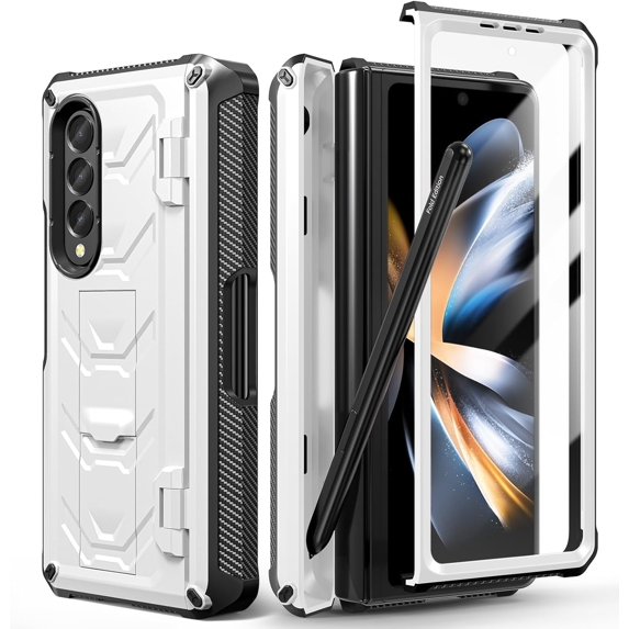 case for Galaxy Z Fold 4 Case with Hinge Protection, Armour Case for Samsung Galaxy Z Fold 4 Full-Body Dual Layer Rugged Case with Built-in Screen Protector & Kickstand & S Pen Slot, White