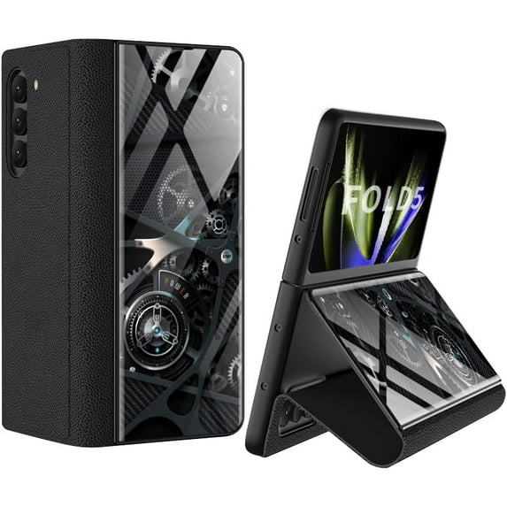 case for Galaxy Z Fold 5 Case with Kickstand - Luxury Fold Plating Glass Crystal Hybrid Leather All-Inclusive Cover with Hinge Protection for Samsung Galaxy Z Fold 5 Case, Mechanical Style
