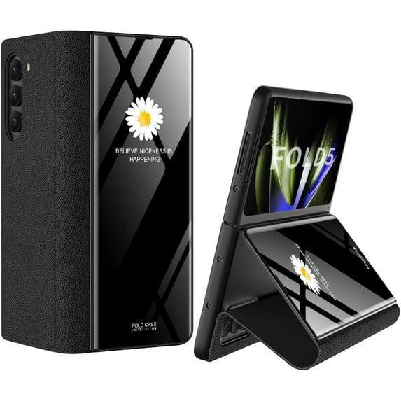 case for Galaxy Z Fold 5 Case with Kickstand - Luxury Fold Plating Glass Crystal Hybrid Leather All-Inclusive Cover with Hinge Protection for Samsung Galaxy Z Fold 5 Case, Daisy