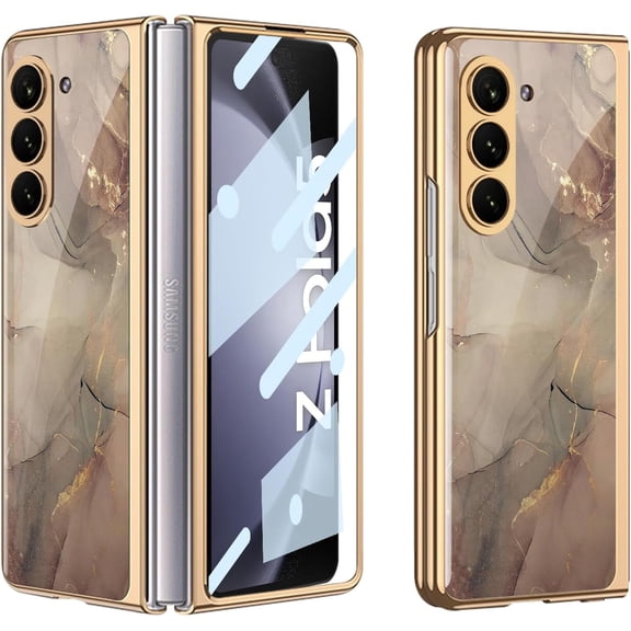 case for Galaxy Z Fold 5 Case - Stylish Electroplated Frame with Patterned Glass, Built-in Screen Protector Compatible with Samsung Galaxy Z Fold 5 Case, Champagne