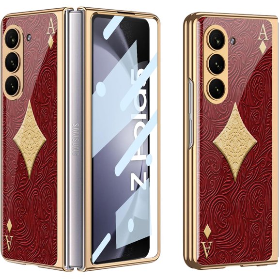 case for Galaxy Z Fold 5 Case - Stylish Electroplated Frame with Patterned Glass, Built-in Screen Protector Compatible with Samsung Galaxy Z Fold 5 Case, Diamond Ace