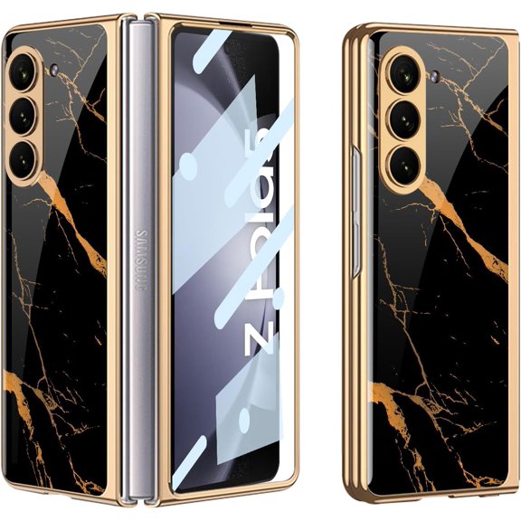 case for Galaxy Z Fold 5 Case - Stylish Electroplated Frame with Patterned Glass, Built-in Screen Protector Compatible with Samsung Galaxy Z Fold 5 Case, Gold Thread Black