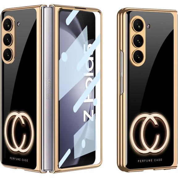 case for Galaxy Z Fold 5 Case - Stylish Electroplated Frame with Patterned Glass, Built-in Screen Protector Compatible with Samsung Galaxy Z Fold 5 Case, Perfume Black