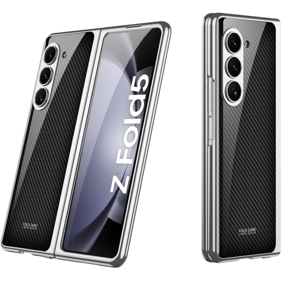 case for Galaxy Z Fold 5 Case - Ultra-Thin Electroplated Frame with Stylish and Elegant Patterned Glass, Designed for Samsung Galaxy Z Fold 5 Protection, Silver Edge Carbon Fiber