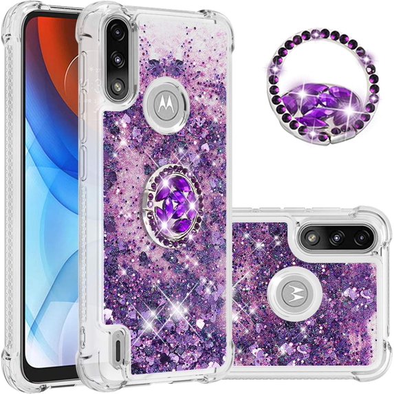 case for Motorola Moto E7 Power Case,Creativity Clear Quicksand Glitter Flowing Liquid Floating Soft TPU Case w/Stand Bling Diamond Sparkle Phone Cover for Motorola Moto E7 Power Purple