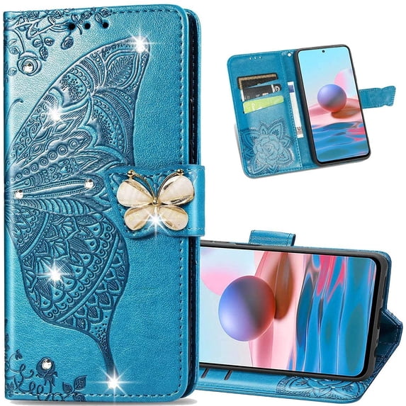 case for Motorola Moto G Play 2021 Wallet Case,Kawaii 3D Butterfly Embossing Slim Flip PU Leather with Magnetic Closure Credit Card Slots Holder Phone Cover for Moto G Play 2021 Rhinestone Blue