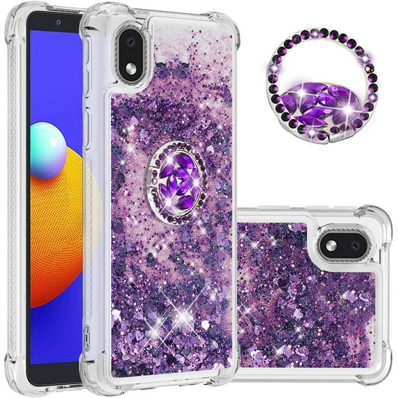 case for Samsung Galaxy A01 Core Case with Creativity Clear Quicksand Glitter Flowing Liquid Floating Soft TPU Case w/Stand Bling Diamond Sparkle Phone Cover for Samsung Galaxy A01 Core Purple