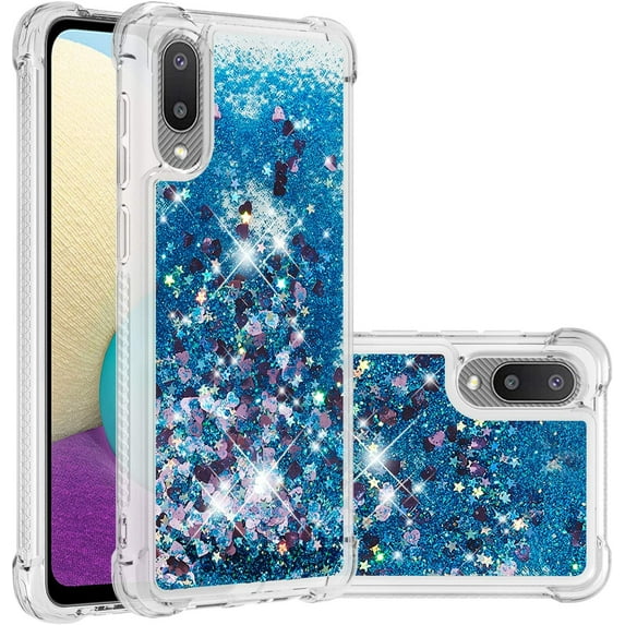 case for Samsung Galaxy A02 Case for Girls Women, Fashion Shiny Creativity Quicksand Flowing Liquid Floating Soft TPU Cover Glitter Cute Bling Clear Protective Case for Samsung Galaxy M02 RLS Blue