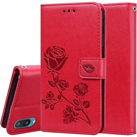 case for Samsung Galaxy A02 Rose Flower Wallet Case, PU Leather Flip Phone Case with Card Holder ID Credit Cards Slot Cash Pockets with Detachable Wristband Cover for Samsung Galaxy A02 RS Red