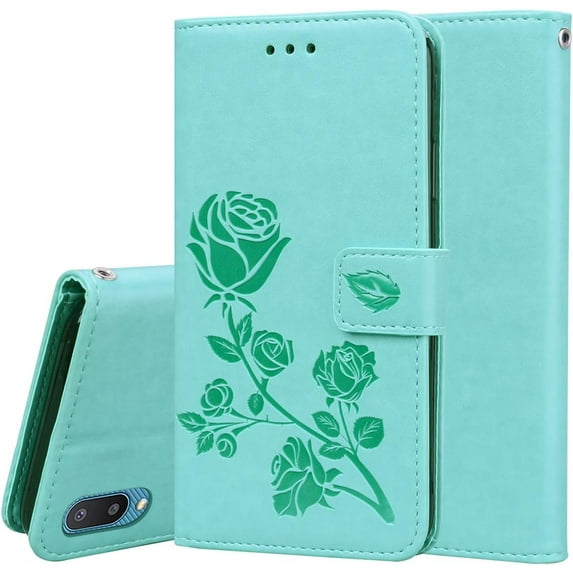 case for Samsung Galaxy A02 Rose Flower Wallet Case, PU Leather Flip Phone Case with Card Holder ID Credit Cards Slot Cash Pockets with Detachable Wristband Cover for Samsung Galaxy A02 RS Green