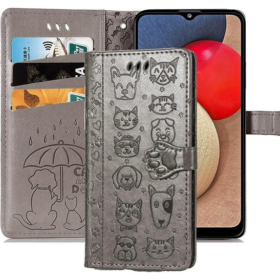 case for Samsung Galaxy A22 4G (Not 5G) Cartoon Girl Wallet Case,Cat Dog Style Flip Phone Cover with ID Card Holder & Kickstand PU Leather Magnetic Clasp Cases for Samsung Galaxy A22 4G MG Grey