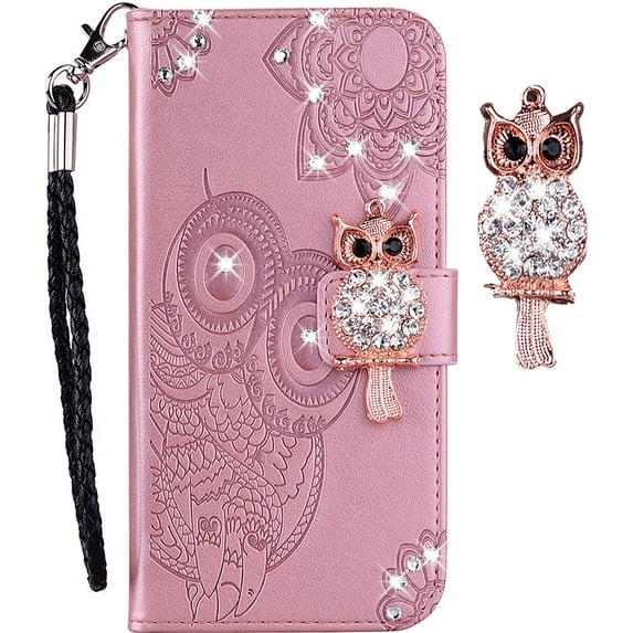 case for Samsung Galaxy A22 4G (Not 5G) Case for Women, Glitter Bling Diamond PU Leather Wallet Phone Case with Wsrist String Full Body Protective Flip Cover for Samsung Galaxy A22 4G Owl Rose Gold
