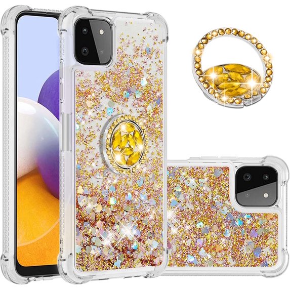 case for Samsung Galaxy A22 5G Case (Not 4G),Creativity Clear Quicksand Glitter Flowing Liquid Floating Soft TPU Case w/Stand Bling Diamond Sparkle Phone Cover for Samsung Galaxy A22 5G Golden