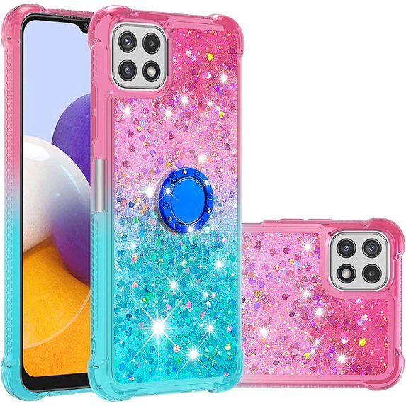 case for Samsung Galaxy A22 5G (N0 4G) Case w/Ring Holder,Creativity Clear Gradient Quicksand Glitter Flowing Liquid Floating Women Girls Cute Case TPU Cover for Samsung Galaxy A22 5G JB Powder Blue