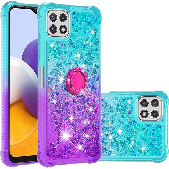 case for Samsung Galaxy A22 5G (N0 4G) Case w/Ring Holder,Creativity Clear Gradient Quicksand Glitter Flowing Liquid Floating Women Girls Cute Case TPU Cover for Samsung Galaxy A22 5G JB Bluish Violet