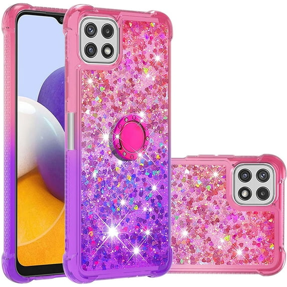 case for Samsung Galaxy A22 5G (N0 4G) Case w/Ring Holder,Creativity Clear Gradient Quicksand Glitter Flowing Liquid Floating Women Girls Cute Case TPU Cover for Samsung Galaxy A22 5G JB Pink Mauve