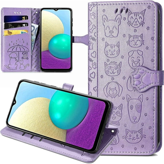 case for Samsung Galaxy A22 5G(Not 4G) Cartoon Girl Wallet Case, Cat Dog Style Flip Phone Cover with ID Card Holder & Kickstand PU Leather Magnetic Clasp Cases for Samsung Galaxy A22 5G MG Purple
