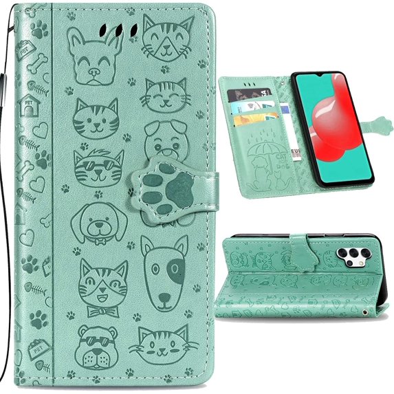 case for Samsung Galaxy A32 4G(Not 5G) Cartoon Girl Wallet Case, Cat Dog Style Flip Phone Cover with ID Card Holder & Kickstand PU Leather Magnetic Clasp Cases for Samsung Galaxy A32 4G MG Green