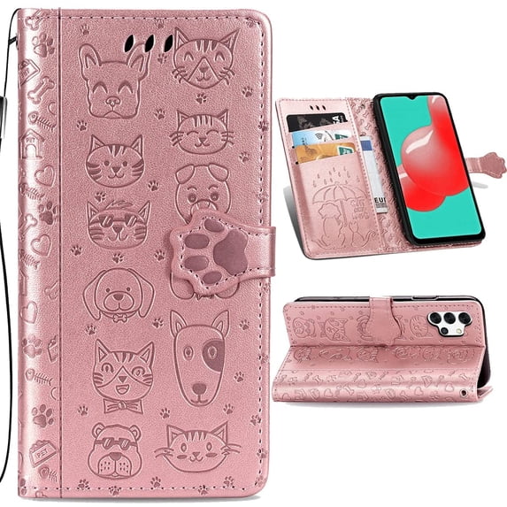 case for Samsung Galaxy A32 4G(Not 5G) Cartoon Girl Wallet Case, Cat Dog Style Flip Phone Cover with ID Card Holder & Kickstand PU Leather Magnetic Clasp Cases for Samsung Galaxy A32 4G MG Rose Gold