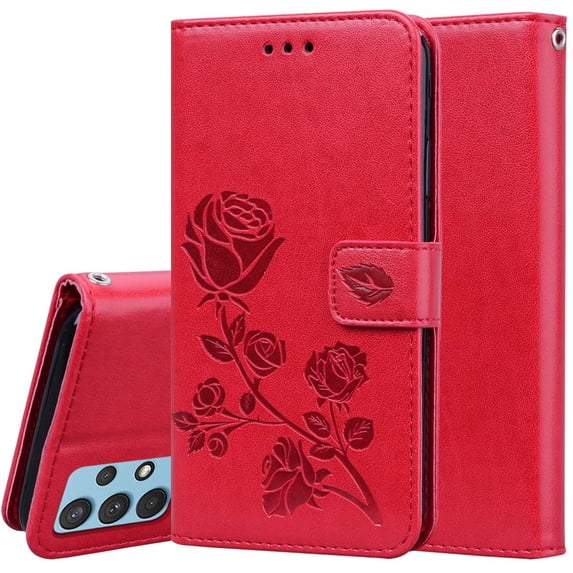 case for Samsung Galaxy A32 4G (Not 5G) Rose Flower Wallet Case, PU Leather Flip Phone Case w/Card Holder ID Credit Cards Slot Cash Pockets Detachable Wristband Cover for Samsung Galaxy A32 4G RS Red