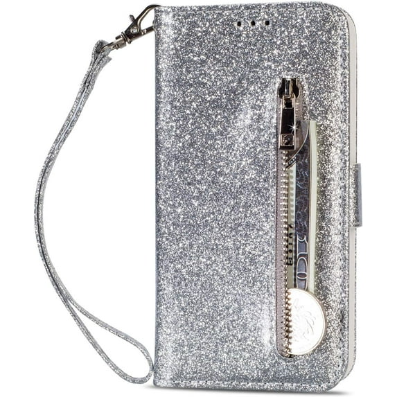 case for Samsung Galaxy A32 5G (Not 4G) Wallet Case, Girly Glitter Sparkly Bling Leather Case Zipper Pocket with ID Card Holder Slot Shockproof Magnetic Cover for Samsung Galaxy A32 5G SFLL Silver